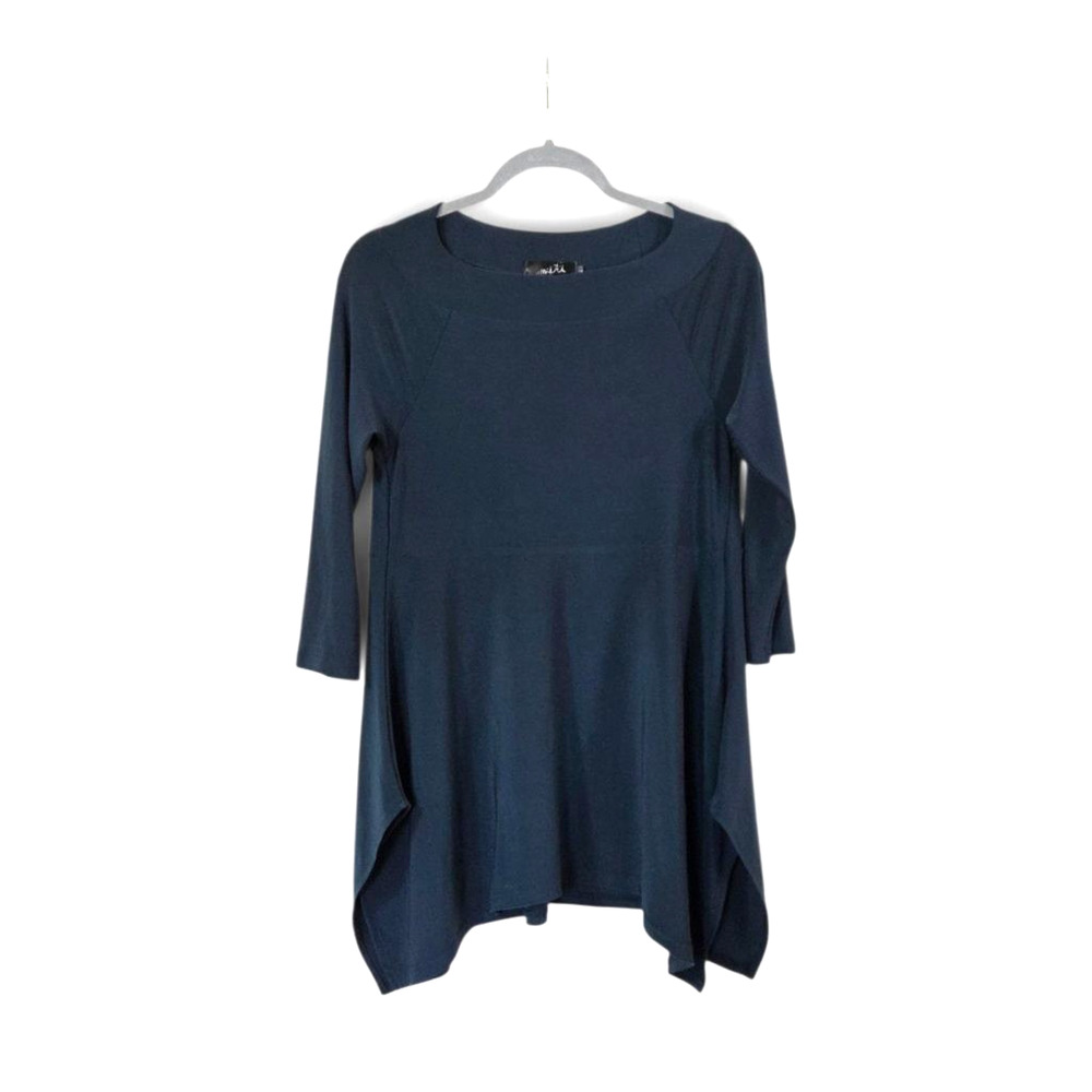 Sympli Canada Navy Blue Handkerchief Hem 3/4 Sleeve Tunic Top, Women's Small